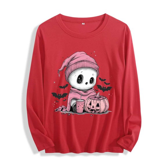 Xdegoge Women's Halloween Long Sleeve T-Shirts Cute Skeleton Pumpkin Print Crewneck Pullover Sweatshirts Novelty Fall Graphic Tees Casual Holiday Tops Comfortable Autumn Wear