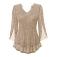 thumbnail image 4 of ZHOGXU Women's Shirts 3/4 Sleeve V Neck Solid Color Sequin Double Layer Mesh Comfortable Breathable Stylish Top For Casual Daily Wear,Khaki,M, 4 of 4