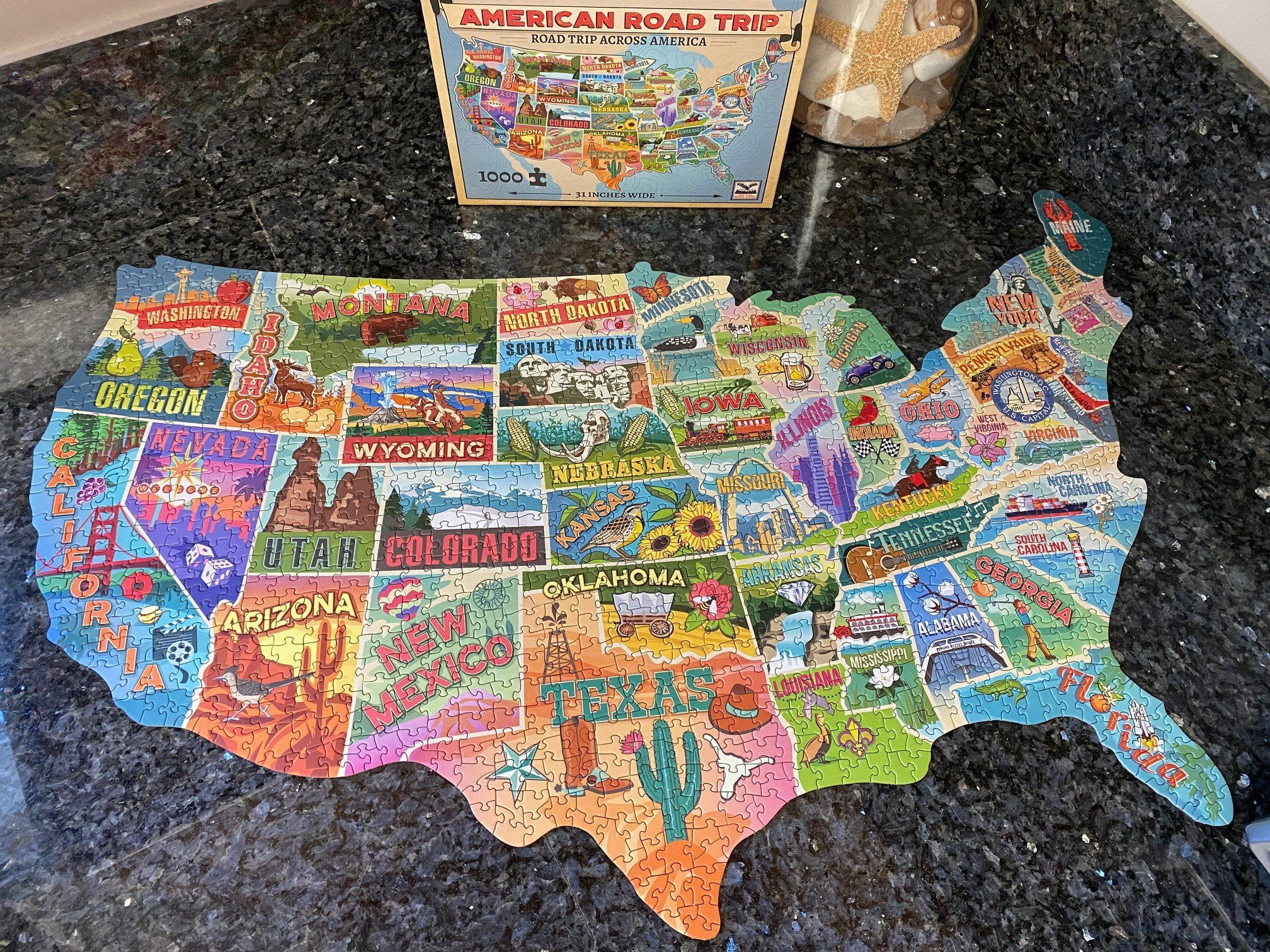 TDC Games 1000-Piece American Road Trip Jigsaw Puzzle for Adults, USA-Map Shaped, 31 Inches Wide