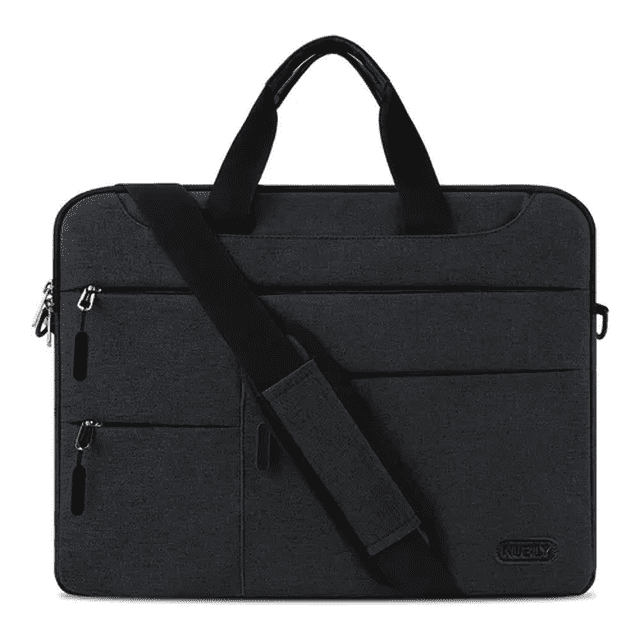bolsa maletín para portátil de 15.6 negro malubero malu1293 bolsa maletín negra de poliéster impermeable con asas superiores y correa desmontable; vista frontal centrada, funda acolchada interior para portátiles de 15 pulgadas, varios bolsillos con cremalleras visibles y textura tejida, parche de marca en esquina inferior derecha, adecuada para viaje y uso diario.