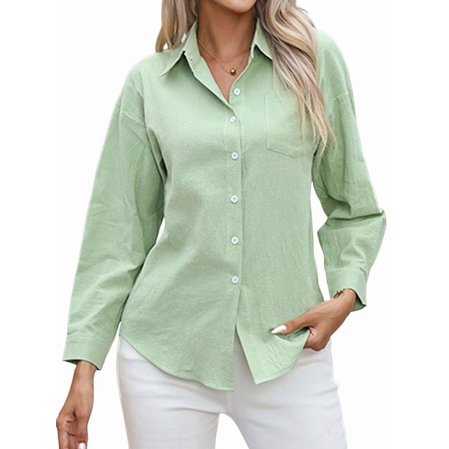 Camisas de Algodón para Mujer, con Botones, Cuello, Larga, Blusas Antiarrugas. Verde L