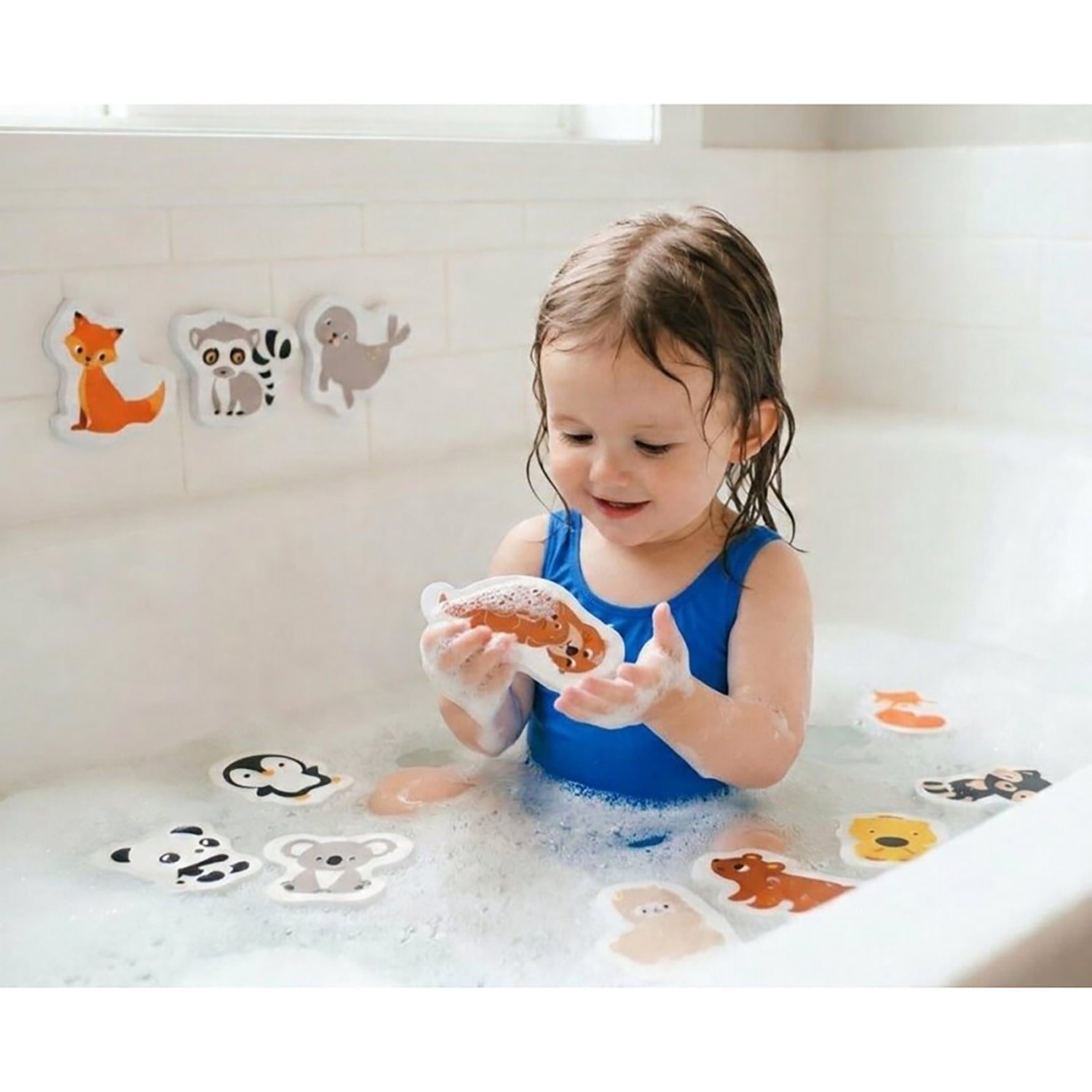 Buddy & Barney: Bath Time Stickers - Furry Friends - 12 Reusable Chunky Foam Pieces, Land & Water Animals, Mesh Storage, Water Tub Toy, Kid-Toddler 1+