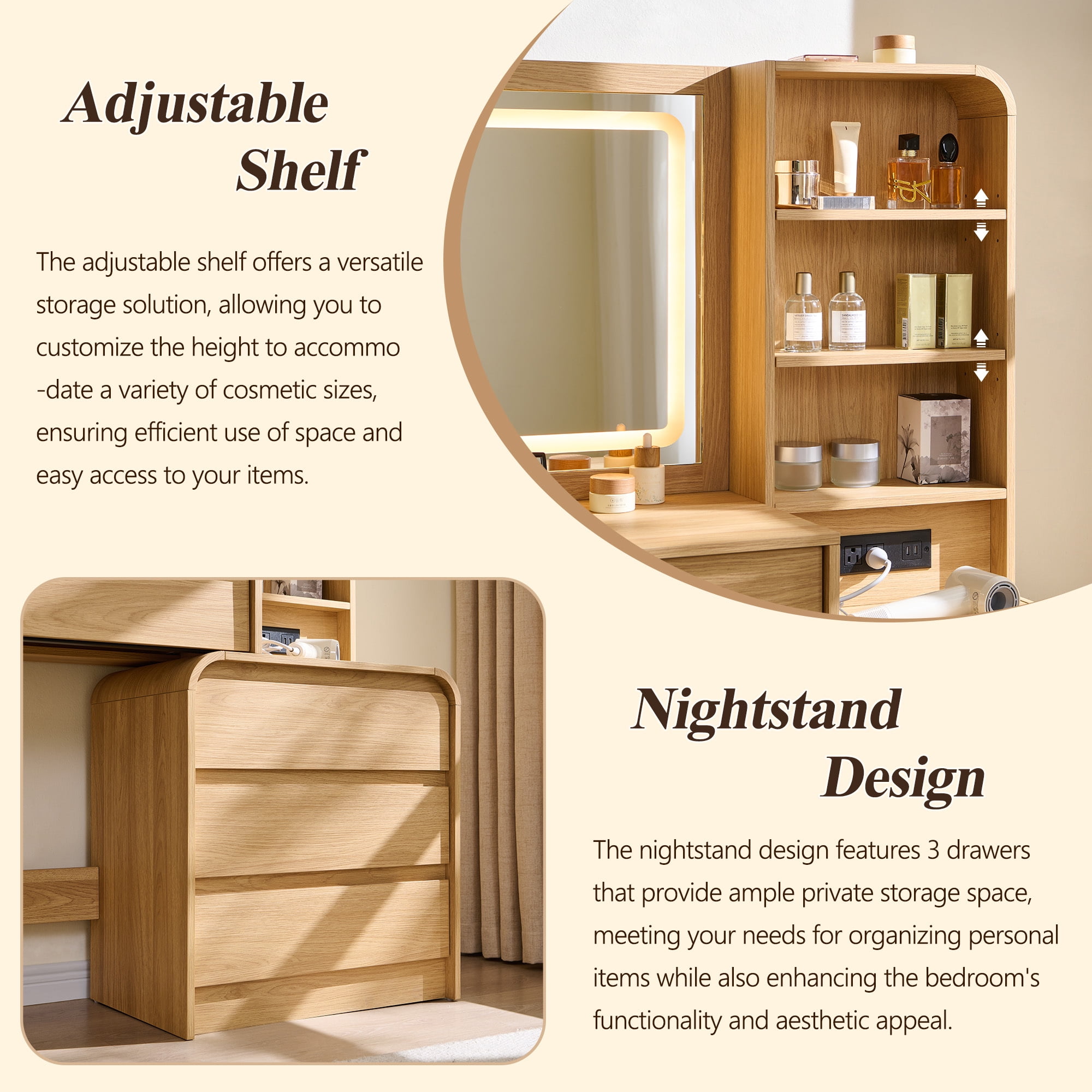 wow97e Modern Vanity Desk with Touch Screen LED Mirror, 55" Big Make Up Table with 5 Drawers , Wood Dressing Tablew/3 Color Available, Charging Station