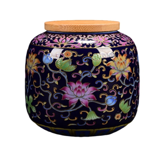 Ceramic tea caddy with airtight wooden lid, Chinese design, for tea, coffee, spices and sweets, moisture-resistant, decorative storage jar