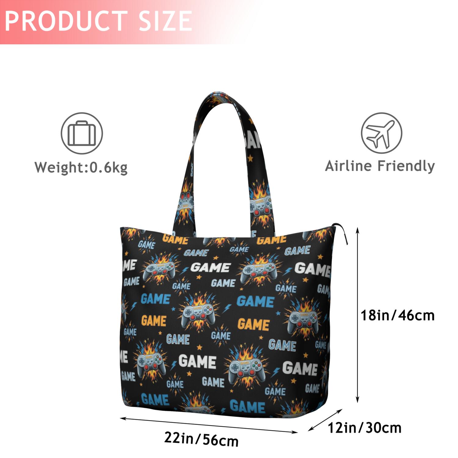 Colorful Controllers Games Flames Black Pattern Travel Tote Bags for Women Carry On,Large Weekender Bags for Women Travel,Multi Functional Duffle Bag for Work,Shopping,Sports