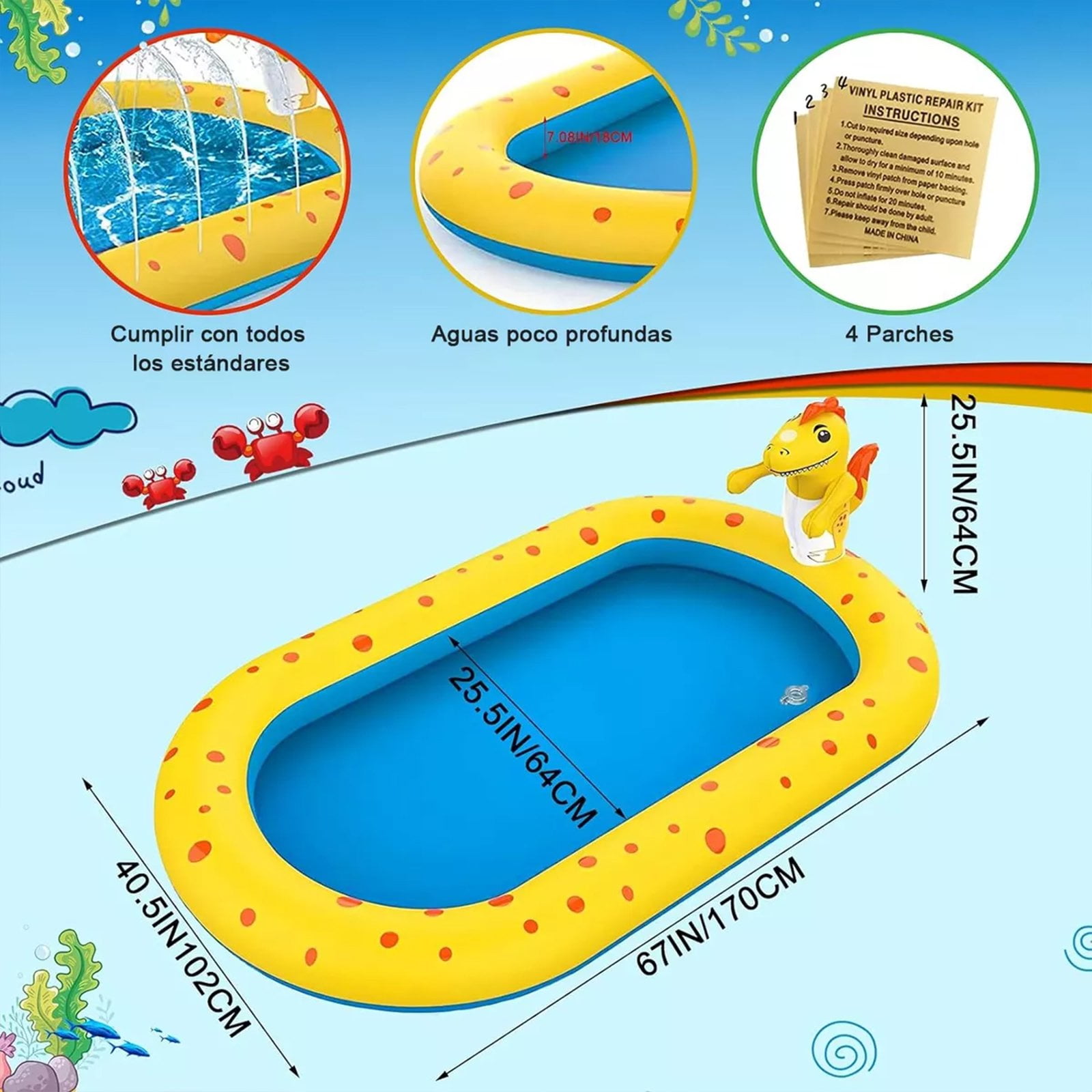 Inflatable Sprinkler Pool , Cute Dinosaur Pool, 3-in-1 Backyard Splash Pad Swimming Outdoor Water