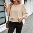 thumbnail image 4 of Blusas de Mujer con Cuello Redondo, 3/4, Cintura Elástica y Dobladillo Fruncido, Blusas Casuales Lisas Caqui M, 4 of 9