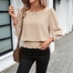 thumbnail image 4 of Blusas de Mujer con Cuello Redondo, 3/4, Cintura Elástica y Dobladillo Fruncido, Blusas Casuales Lisas Caqui XXL, 4 of 9
