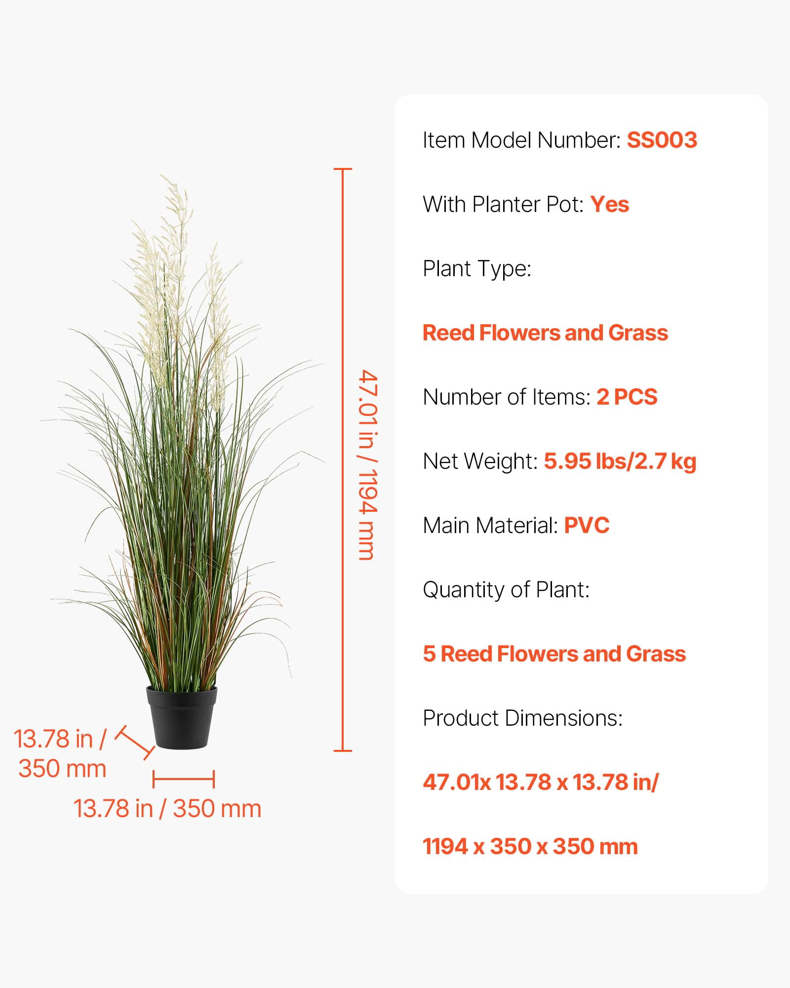 VEVOR Artificial Grass Plant, 2 Pack 47 inch Reed Flower Grass in Pot, Premium PVC Faux Fake Greenery Shrubs Plant for Indoor Outdoor House Home Garden Office Room Décor, Housewarming, Green