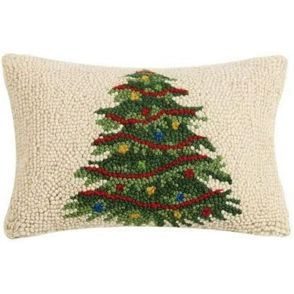 Decorated Lighted Christmas Tree Hooked Wool Pillow – 8” x 12”
