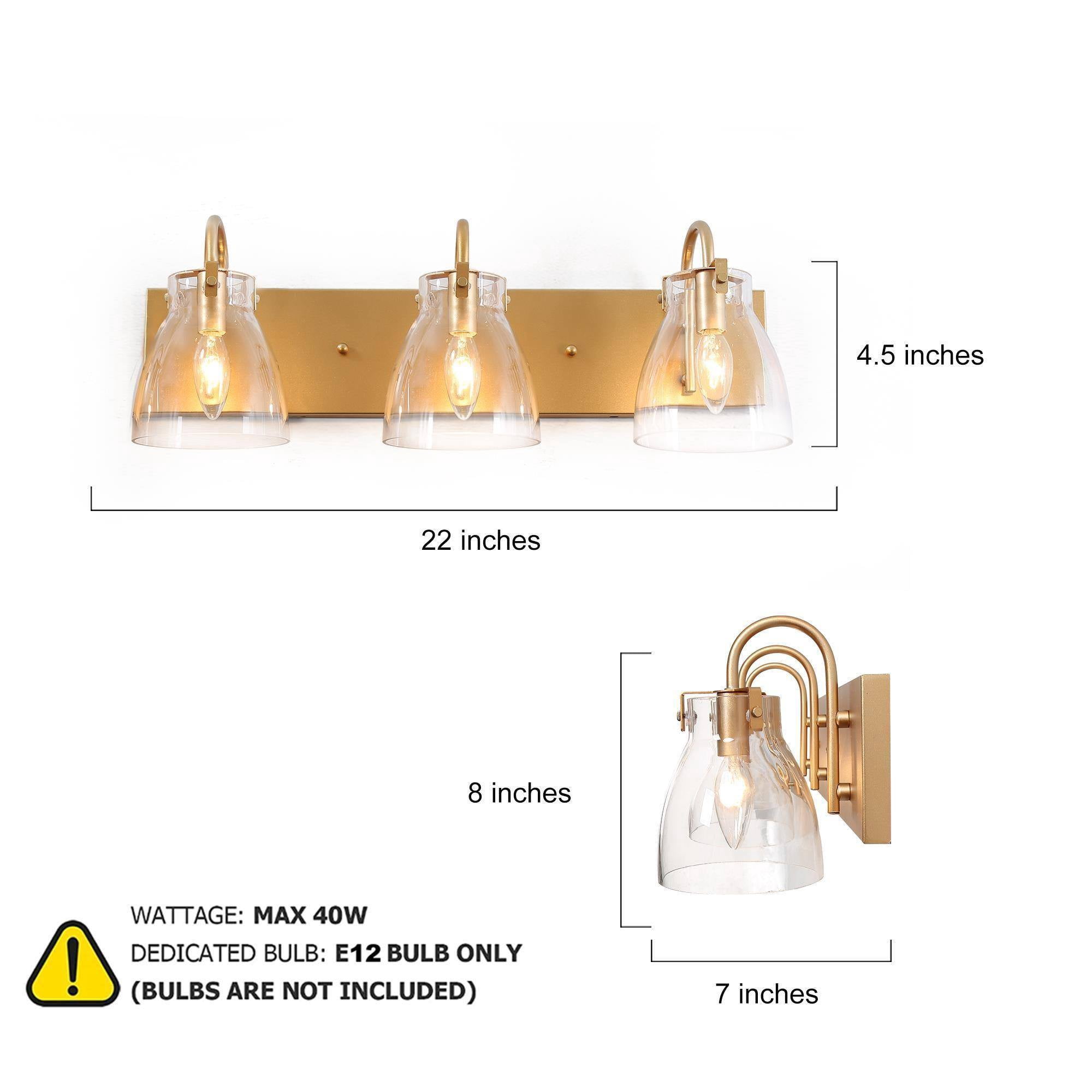 LNC Gold 3-Light Bathroom Vanity Light with Clear Glass Bell Shades, Dimmable