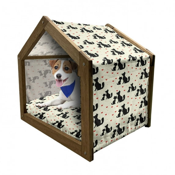 Feminine Pet House, Dog Cat Silhouettes Romantic Hearts Domestic Animals Pet Love, Outdoor & Indoor Portable Dog Kennel with Pillow and Cover, 5 Sizes, Beige Black Red, by Ambesonne