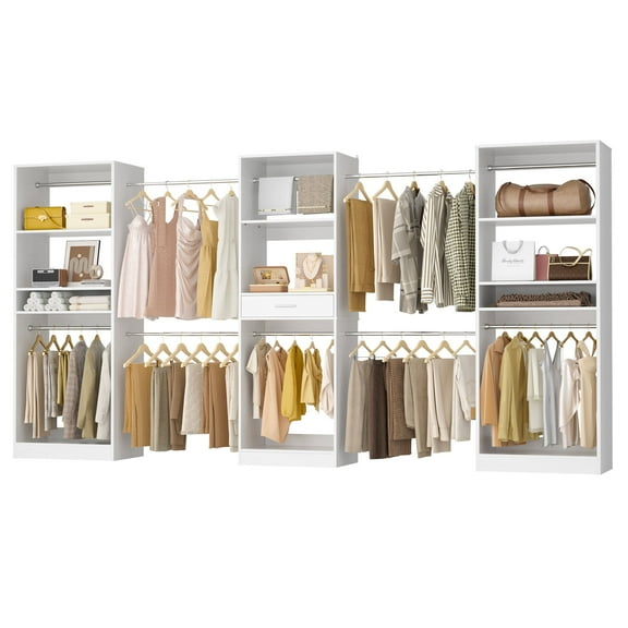 Homieasy Closet Organizer System with 3 Sets, 146'' Walk in Closet System with 10 Hanging Rods & Drawer, Heavy Duty Clothes Rack Garment Rack for Bedroom/Closet, 15''D x 80''H, White