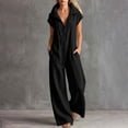 thumbnail image 2 of Women's Lightweight Stand Collar Zip Up Jumpsuits Short Sleeve Baggy Wide Leg Palazzo Rompers with Pockets Daily Casual Overalls Black, 2 of 6
