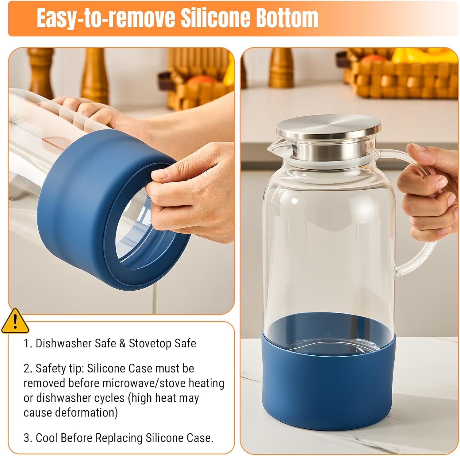 SUMMIT Water Pitcher with Silicone Base 61oz/ 1.8L, Hot& Cold Glass Pitcher with Lid and Handle, Glass Carafe with Lid for Coffee, Juice, Lemonade and Milk (blue)