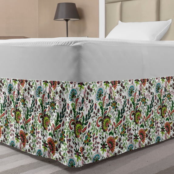 Floral Bed Skirt, Hand Drawn Composition with Fresh Colorful Foliage Leaves Spring Season Illustration, Elastic Bedskirt Dust Ruffle Wrap Around for Bedding Decor, 4 Sizes, Multicolor, by Ambesonne