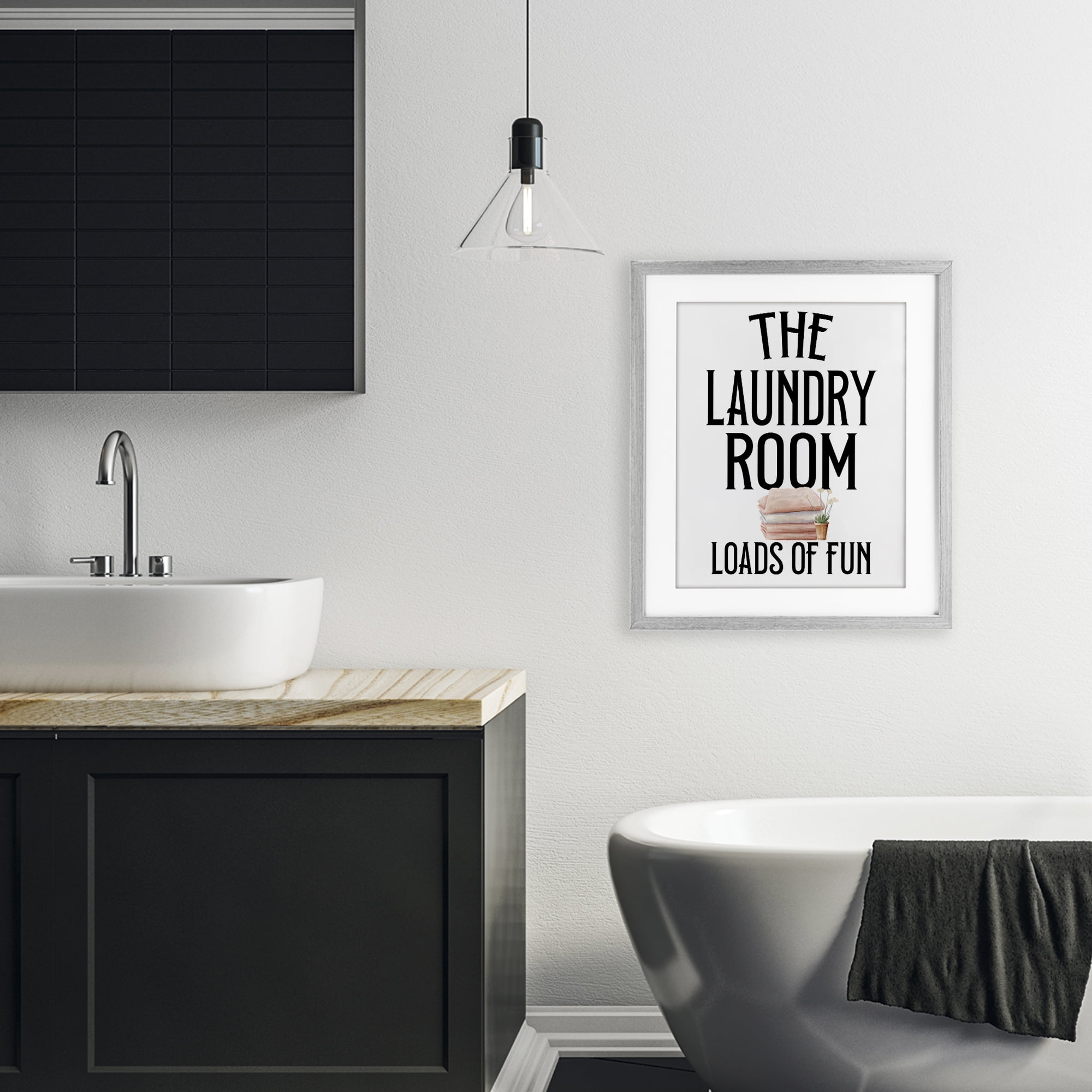Laundry Room Fun Minimal Gray Framed Print Under Glass, design by Kim Allen