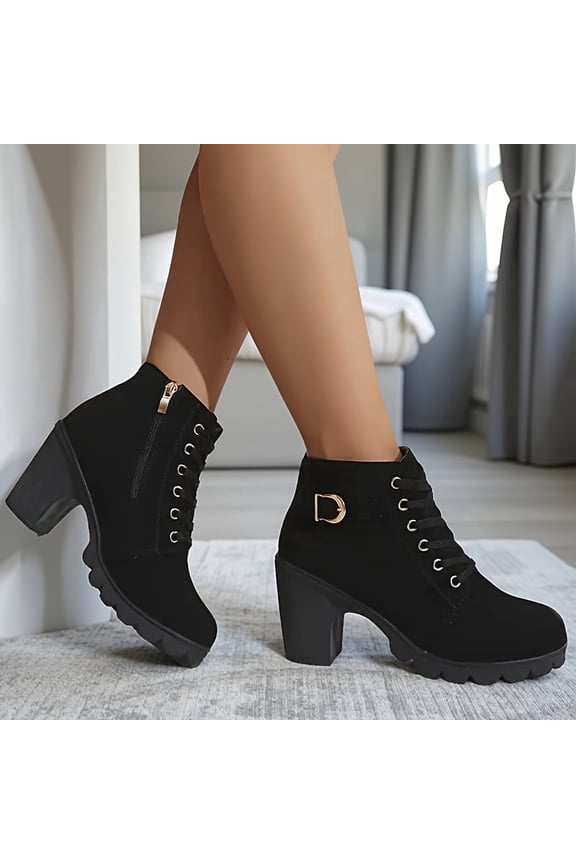 Women's Winter Warm Ankle Boots: Thick Sole & High Heel - Black PU Leather, Side Zipper with Lace-Up Detail, Plain Toe | Chic Everyday Booties | Faux Fur Lined | Rubber Sole,US Size:6.5-10.5