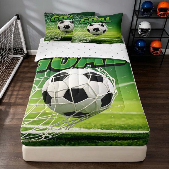 Manfei Soccer Sport Zipper Twin Comforter Sets with Fitted Sheet and 2 Pillowcases, Goal Print Football Field Zipper Bedding Set, Green White