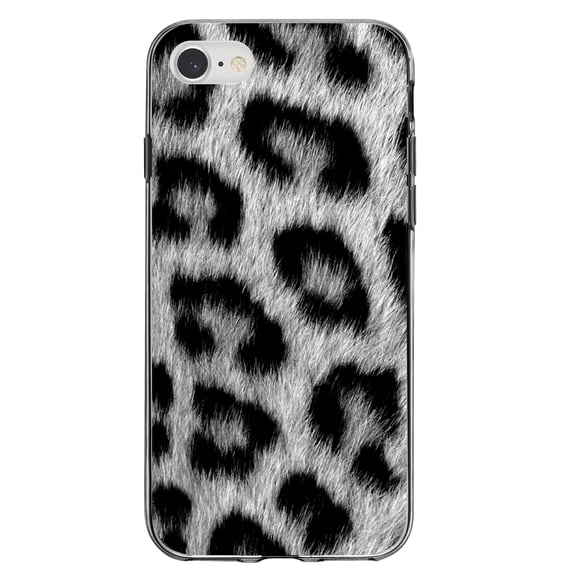 DistinctInk Clear Shockproof Hybrid Case for iPhone 7 8 SE (2020 Model) 4.7" Screen TPU Bumper Acrylic Back Tempered Glass Screen Protector - Black White Snow Leopard Fur Print