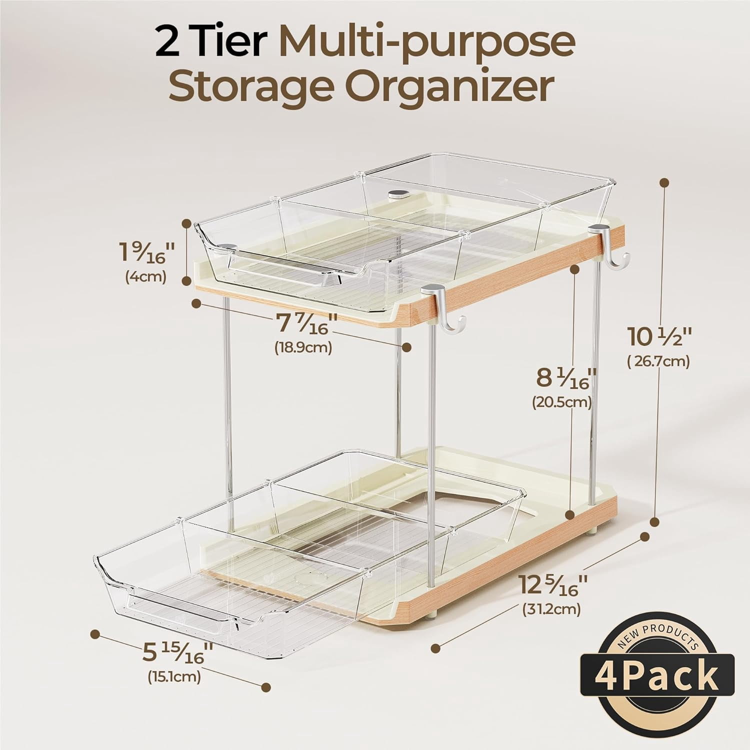 2 Tier Bathroom Under Sink Organizers and Storage with Hook, Multi-Purpose Cabinet Drawers with Movable Dividers, Pull Out Organization for Countertop, Kitchen and Pantry(Wood Grain, 4 Pack)