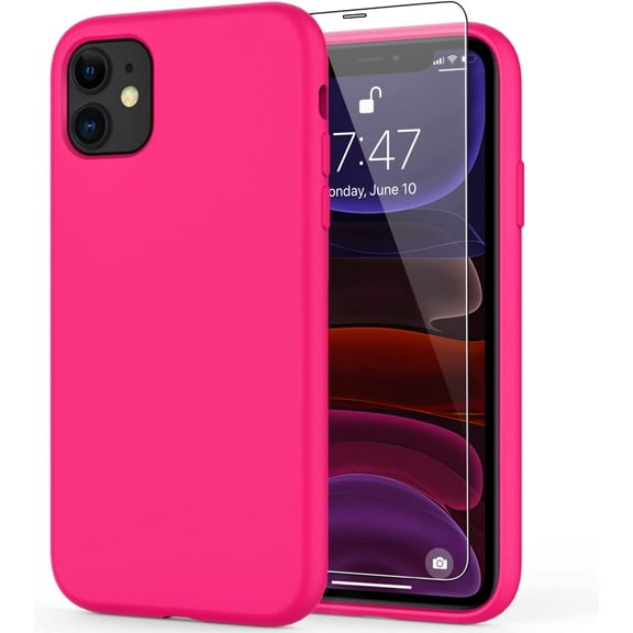 Compatible with iPhone 11 Case with Screen Protector, Silicone Gel Rubber Bumper Cover,Slim Fit Shockproof Protective Phone Case for iPhone 11 6.1" Hot Pink