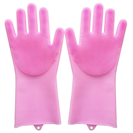 Pink Silicone Dishwashing Sponge Gloves for Kitchen - Reusable Rubber Cleaning Gloves with Built-in Scrubber, Perfect for Housework, Car, Bathroom, Clothes, and Pet Cleaning