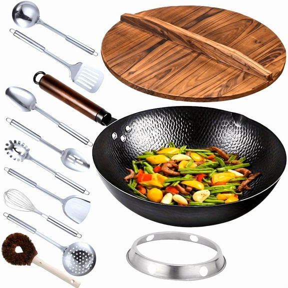 12.6" Cast Iron Wok Set - 11-Piece with Accessories, Flat Bottom - Works on All Stoves - Stir-Fry/Sauté Essential