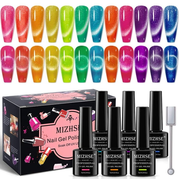Set de esmaltes de uñas en gel MIZHSE Neon Cat Eye, 12 unidades, 7 ml, Soak Off