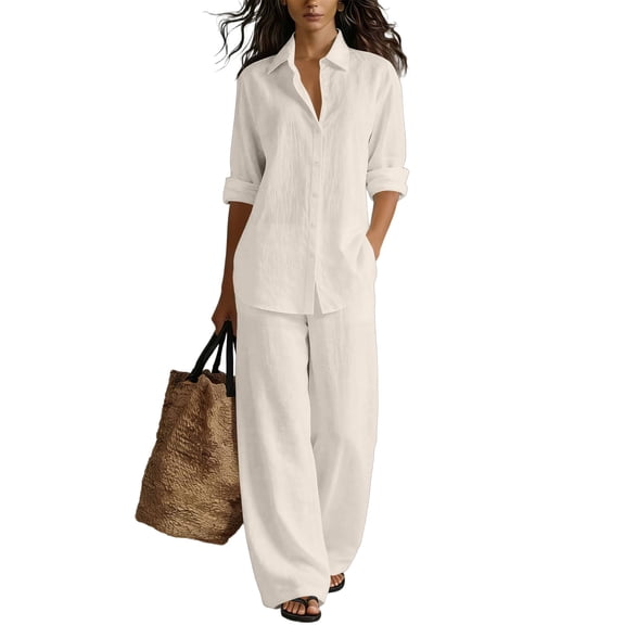 Textilo 2 Piece Outfit for Women Cotton Linen Button Up Long Sleeve Shirt and Pants Set with Pockets Wide Leg Elastic Waist Outfits Cozy Loose-Fit Breathable Summer Travel Casual Activewear,Beige L