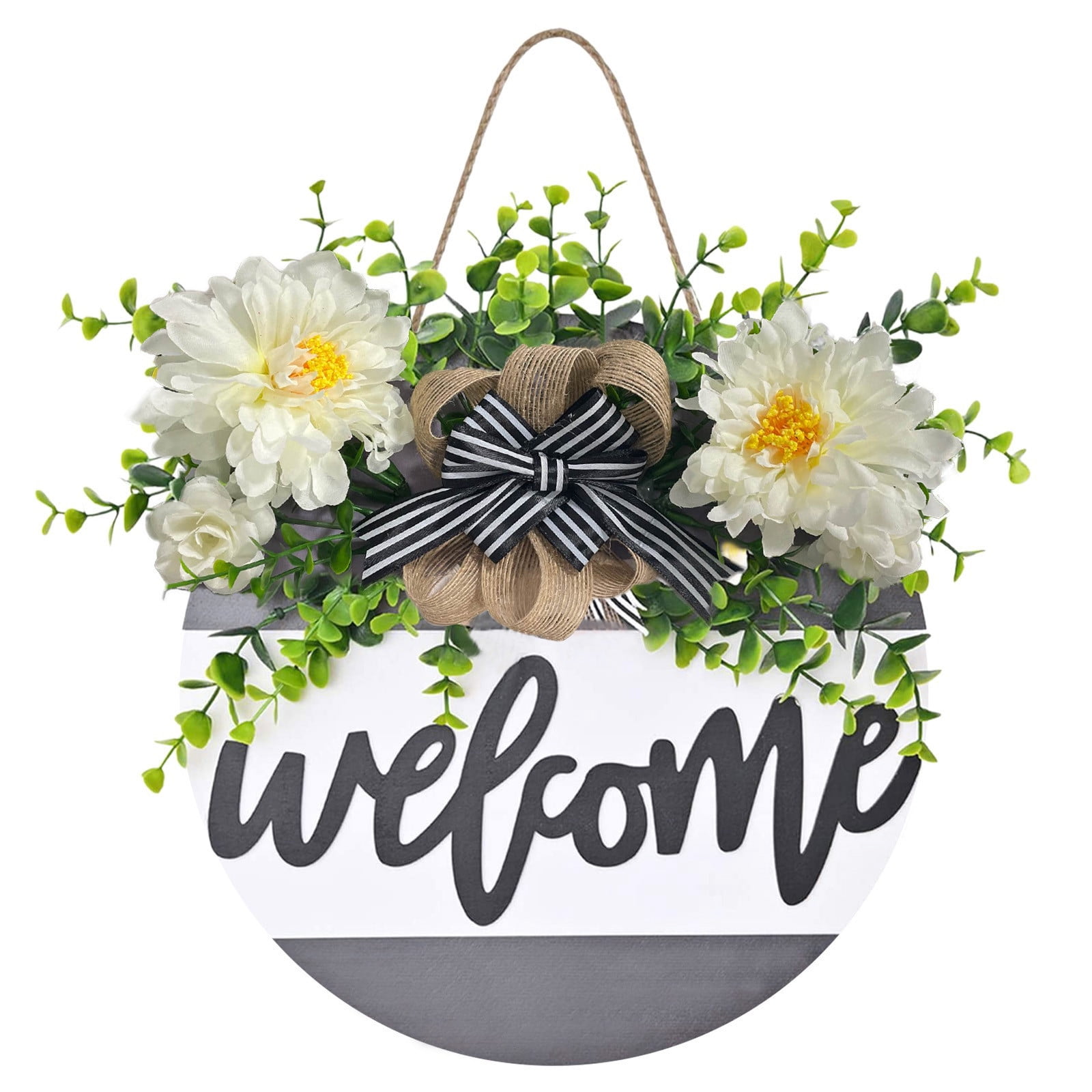 YARNOW Welcome Wreath Sign Front Door Round Wooden Floral Hanging Welcome Sign for Farmhouse Porch Spring Welcome Sign Front Door Decoration