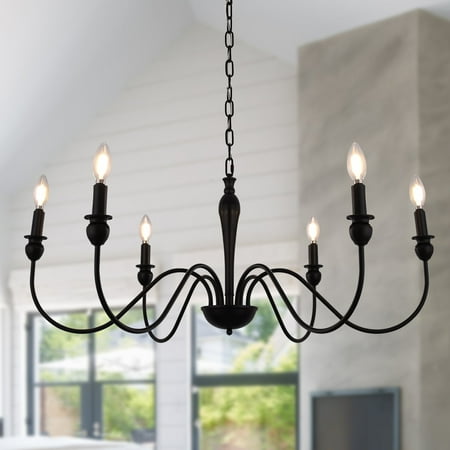 

6-Light Farmhouse Chandelier Industrial Iron Chandelier Lighting Classic Candle Ceiling Pendant Light Fixture for Foyer Living Room Kitchen Island Dining Room Bedroom Black