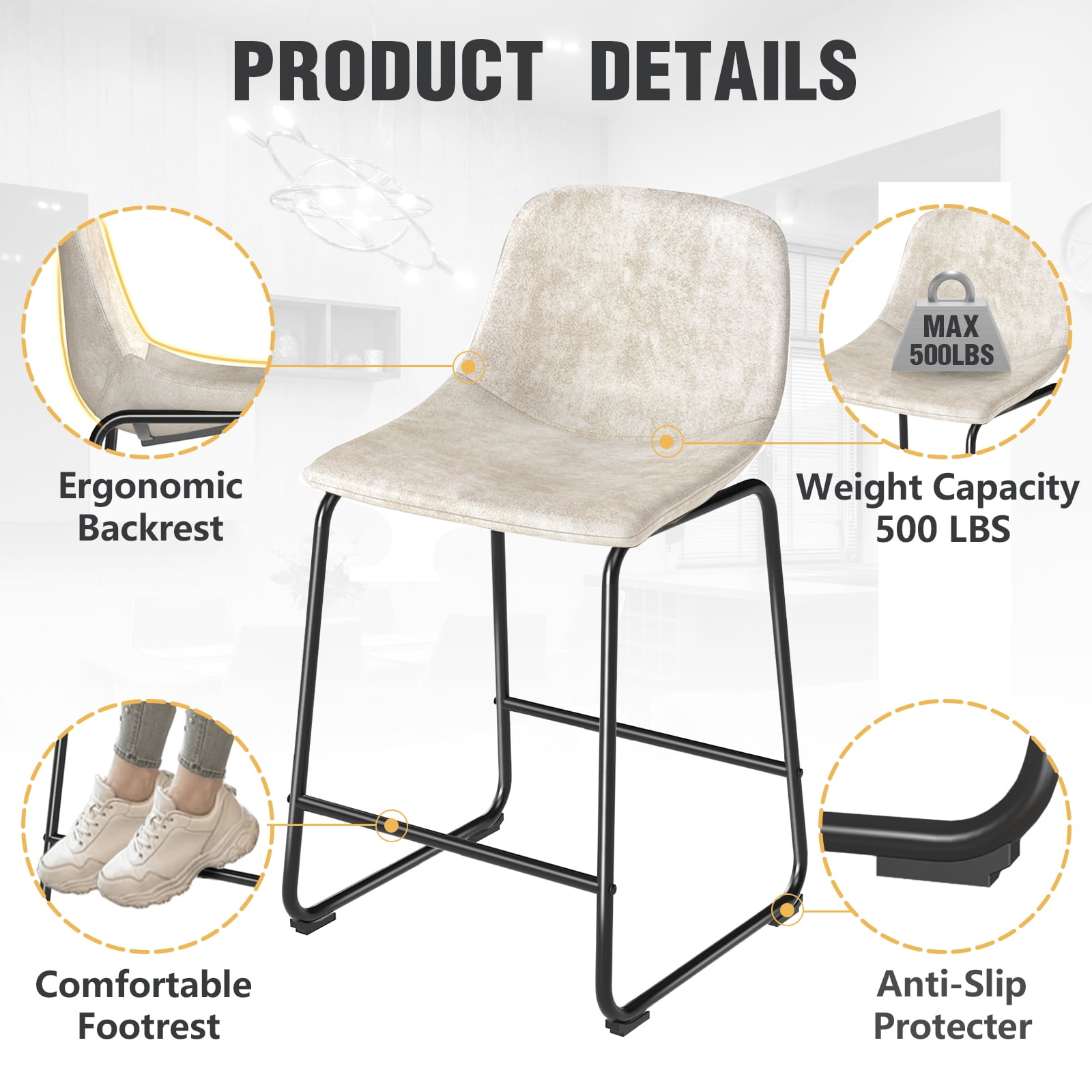 TAVR Furniture Furniture Leathaire Fabric Bar Chairs with Back and Footrest Set of 3