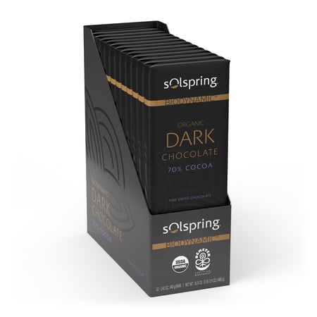 Dr. Mercola Solspring Dark Chocolate Bars - Biodynamic Organic Chocolate Snack - 70 Percent Cocoa - Cane Sugar - Gluten-Free, Non-GMO & Soy-Free - 1 Box (12 Bars)