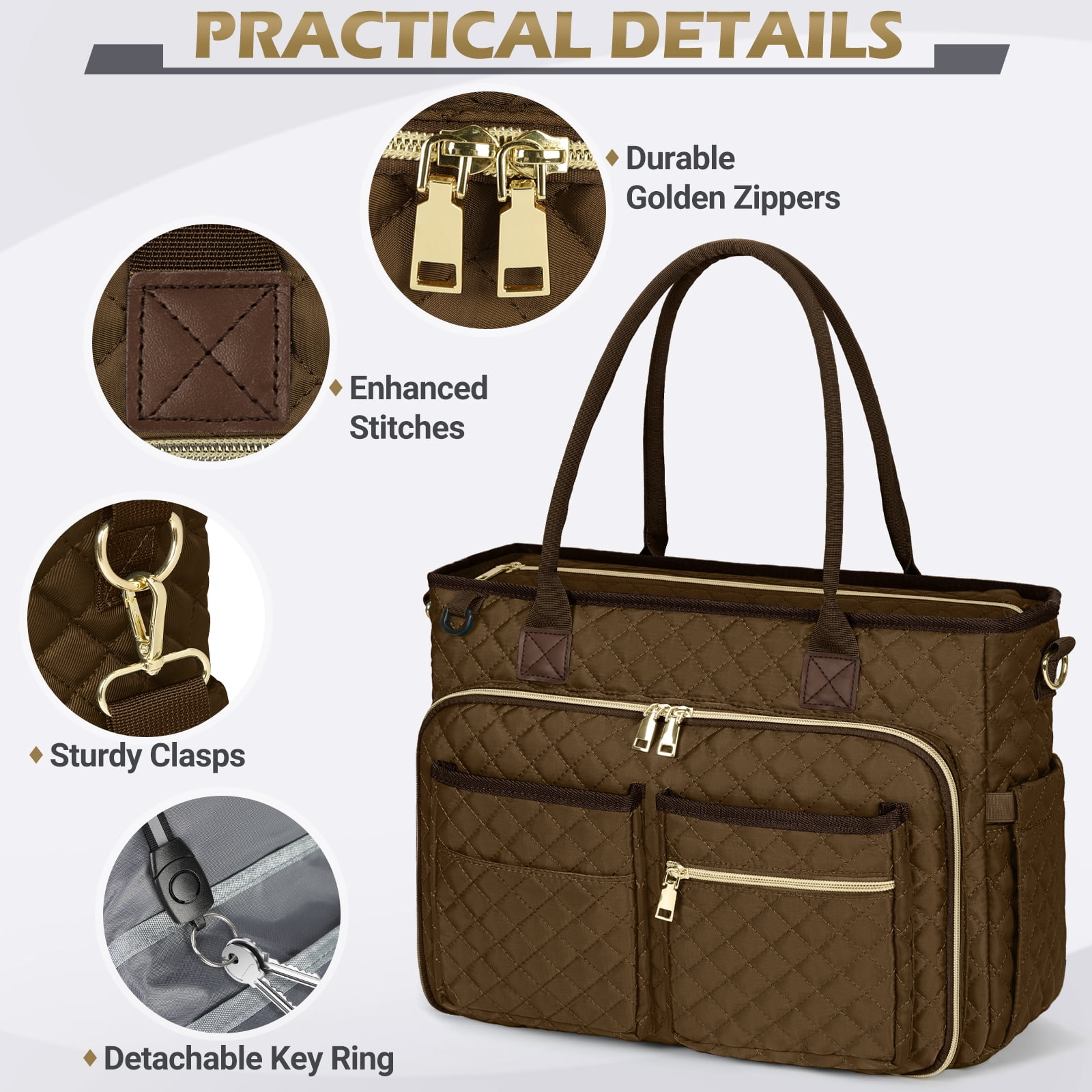 RAINSMORE Teacher Tote Bag 15.6 inch Laptop Bag for Women College Laptop Briefcase for Work Office Nurse Bag Professional Computer Messenger with Insulated Pocket,Coffee