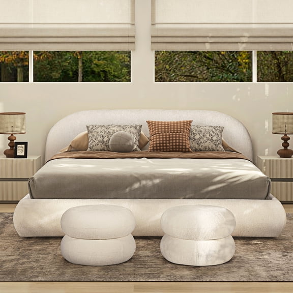 Archie Puffy Grounded Upholstered Platform Bed, King, Almond White