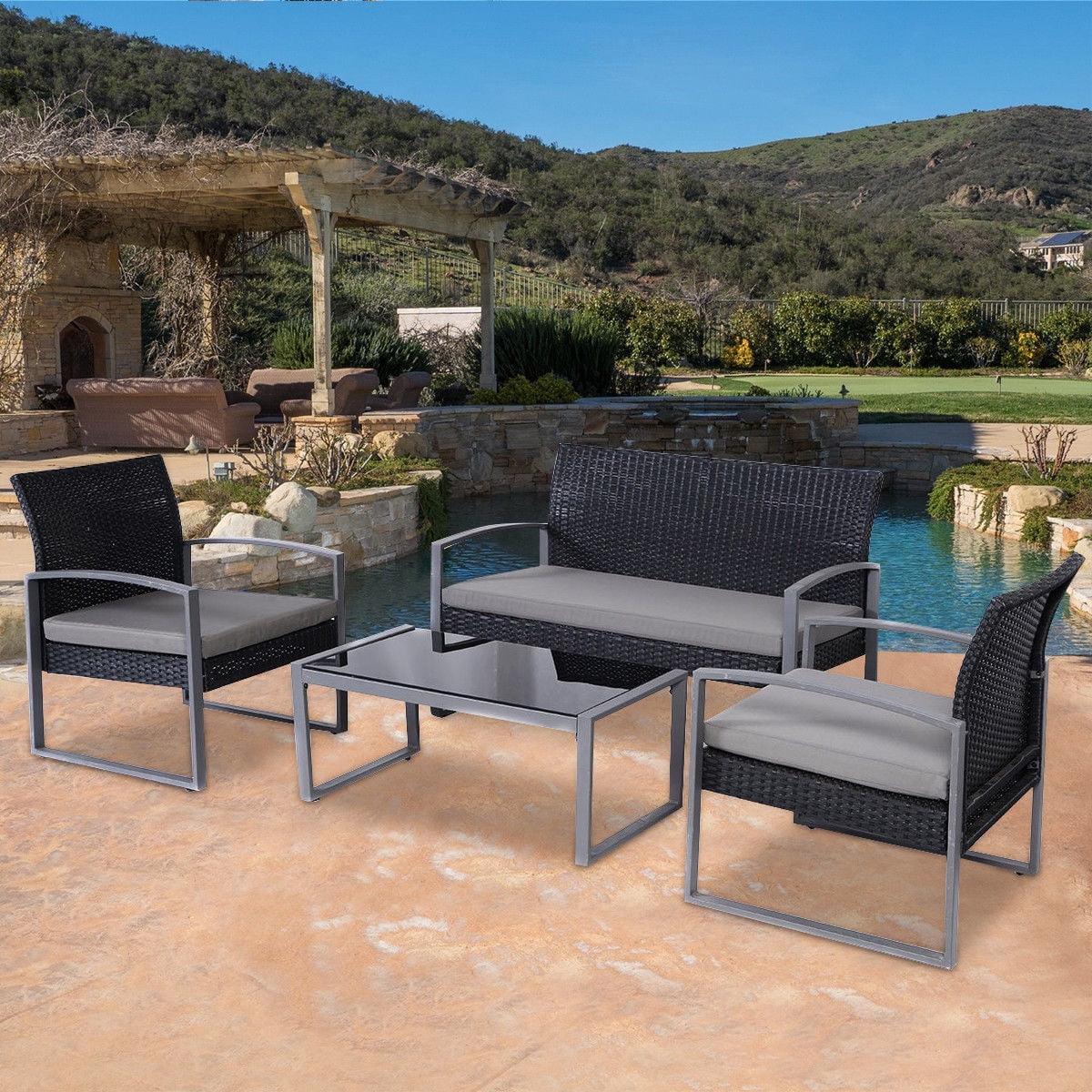 Goplus 4 PCS Outdoor Patio Garden Black Rattan Wicker Sofa Set Furniture Cushioned by Costway