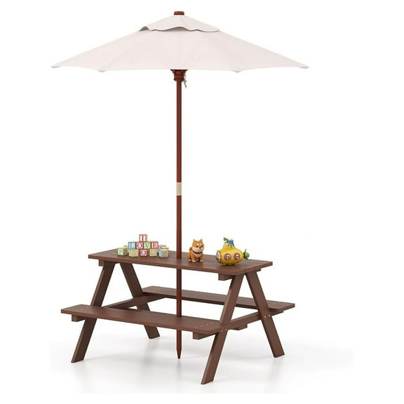 Kids Picnic Table with Umbrella Foldable, Wooden Kids Table & Benches for Crafting, Eating & Playing, Outdoor Toddler Activity Table for Backyard, Patio, Garden, Gift for Ages 3-8 (Brown)