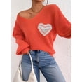 thumbnail image 5 of Sweaters for Female Lantern Sleeve Heart Print Pullover Embroidered Lace Patchwork Knit Pullover Orange S, 5 of 9