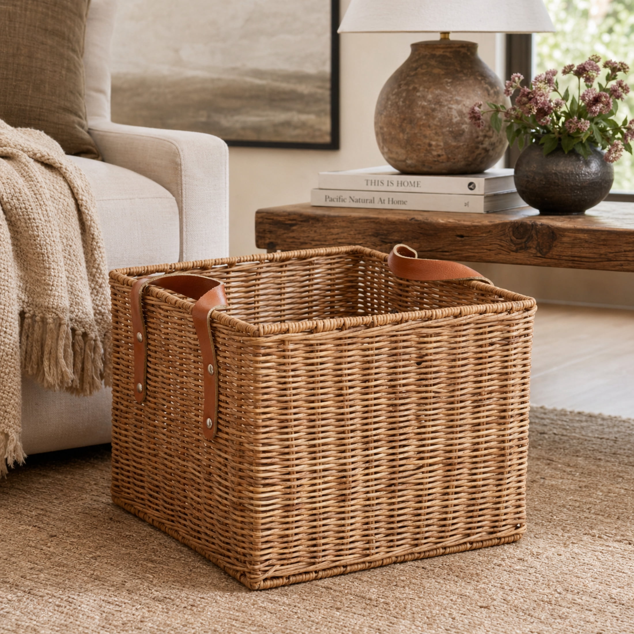 DecMode 12" x 9" Brown Rattan Handmade Woven Storage Basket with Leather Handles, 1-Piece