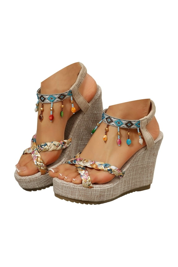 Women'S Platform Wedge Sandals with Braided Jute Rope Elastic Strap Boho Style High Heel Flower Open Toe Ankle Strap Khaki 41