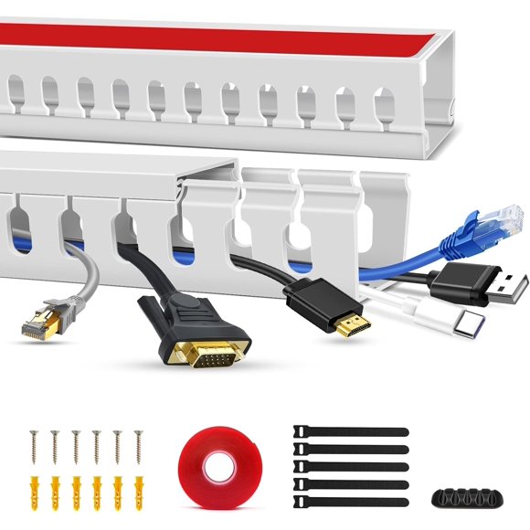 ERSHI-Cable Duct Management Raceway Kit, 31.4" (2 x 15.7) Server Rack Management, Hide Network HDMI VGA Cables, Open Slot Track Desk Wire Channel, White 2 Pack
