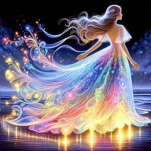 5D Girl Portrait Painting Full Square Round Seaside New Arrivals Evening Dress Personalized Gift30*30cm, frame not included.,Multicolor