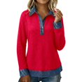 thumbnail image 4 of Trendfront Womens Denim Patchwork Knit Tops Lapel Collar Casual Loose Fit Long Sleeve Tee Trendy Fashion T Shirts Pullover Daily Outfits, 4 of 7