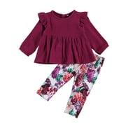 One opening 0-3Y Newborn Kids Baby Girl Long Sleeve Cotton T-shirt Tops Floral Long Pant Trouser 2PCS Girls Clothing Set