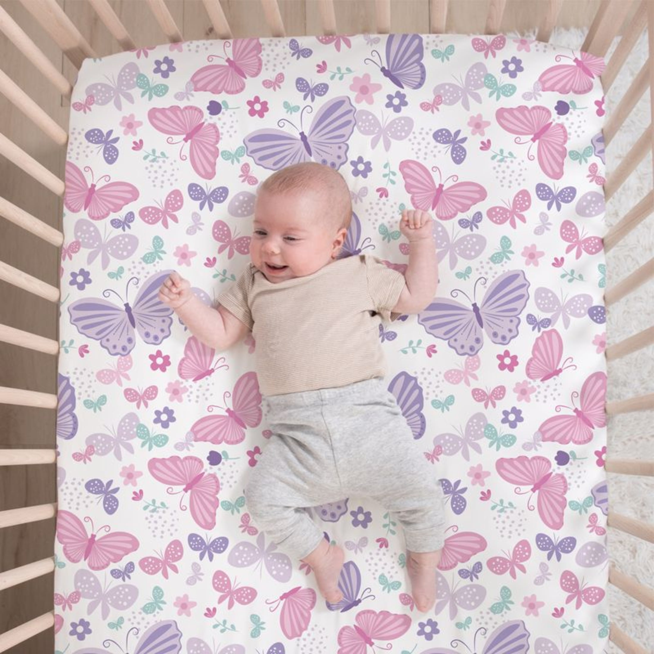 The Peanutshell Pink and Purple Butterfly Song Crib Bedding Set for Baby Girls, 3 Piece Nursery Set