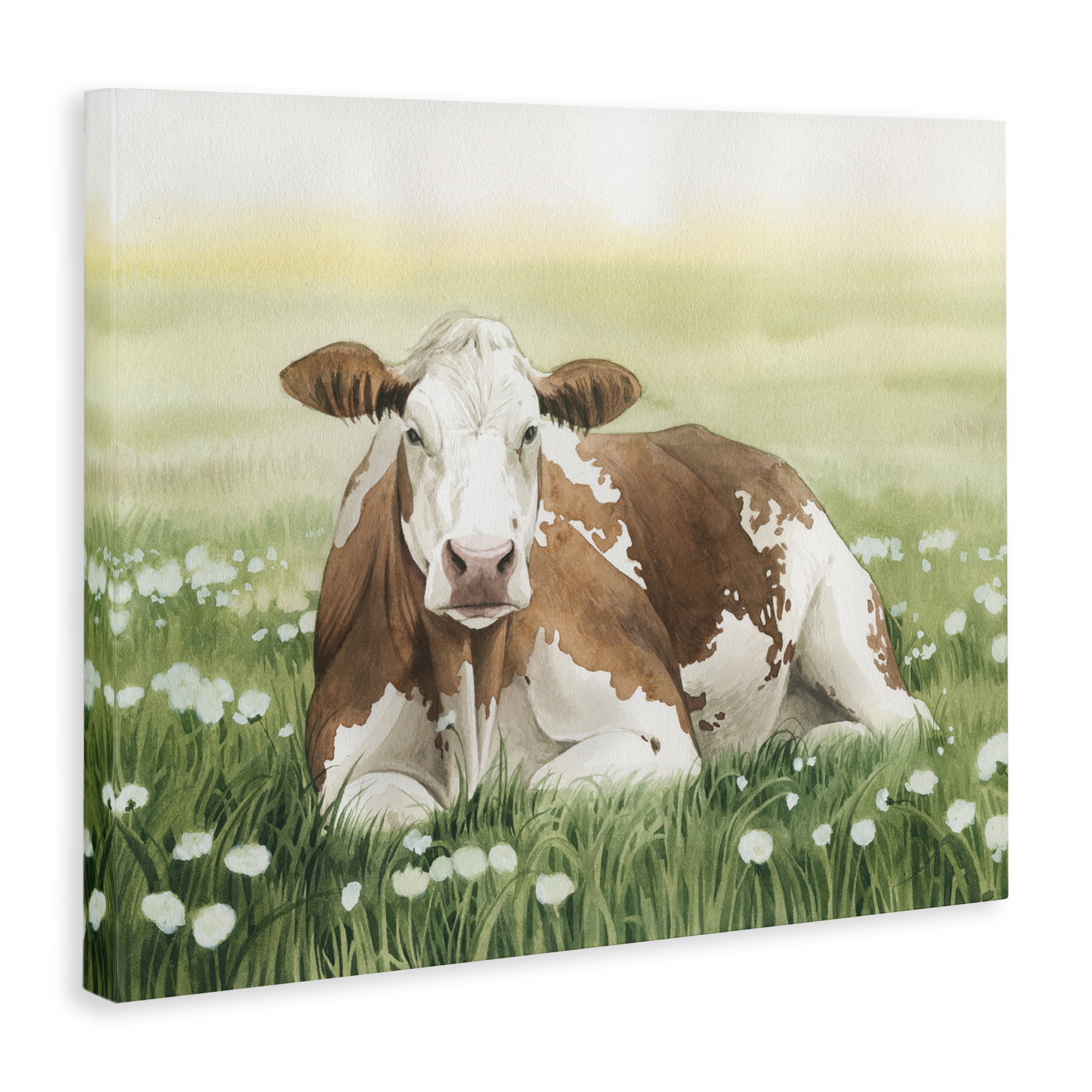 Stupell Industries Cow & Meadow Blossoms Animals & Insects Painting Gallery Wrapped Canvas Art Print Wall Art, 48 x 36