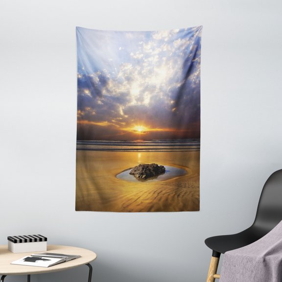 Ocean Decor Wall Hanging Tapestry, Reflection of the Sunset on the Coast Sunbeams Cloudy Sky Tourist Attraction Image, Bedroom Living Room Dorm Accessories, 40 X 60 Inches, by Ambesonne