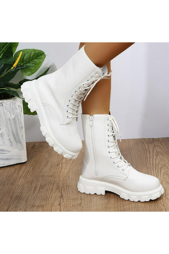 Women's Platform Chelsea Combat Boots Lace up Mid Calf Knight Boots Low Heel Platform Ankle Boots White 8.5(41)