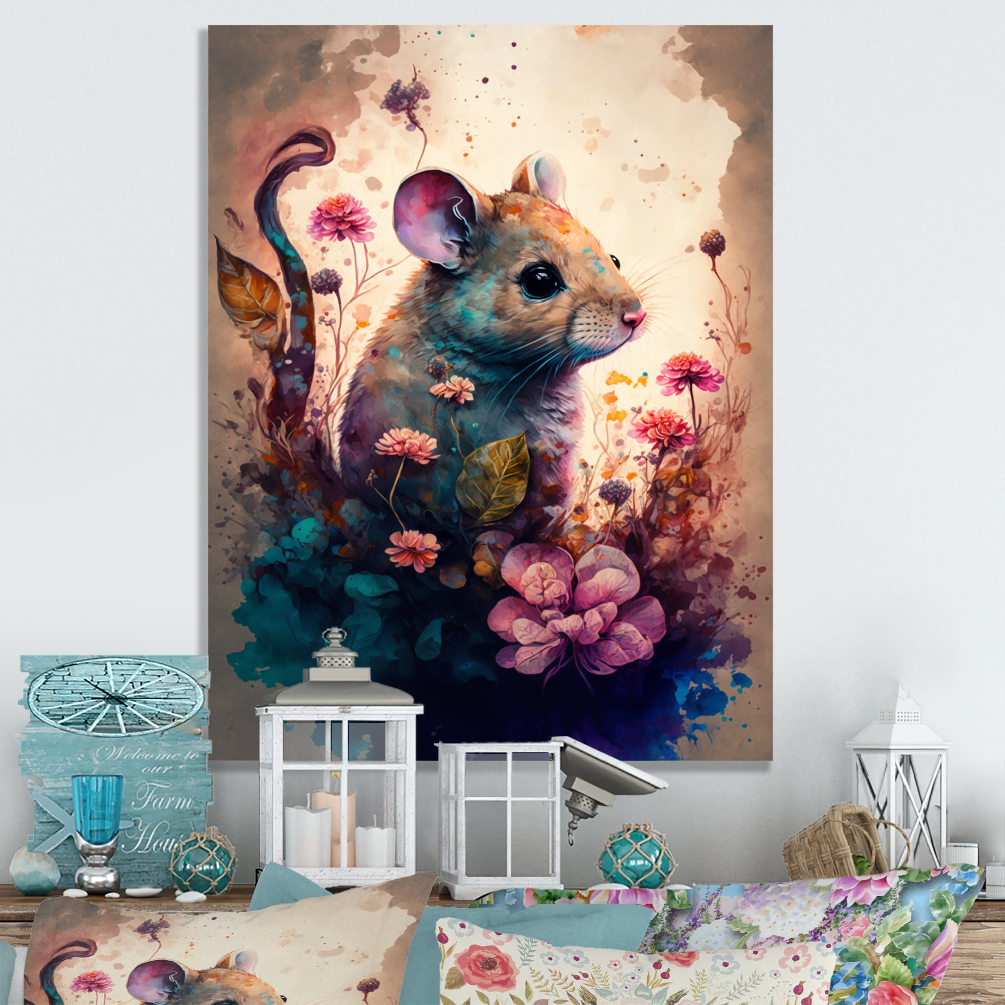 Designart Cute Mouse Floral Art Canvas Wall Art
